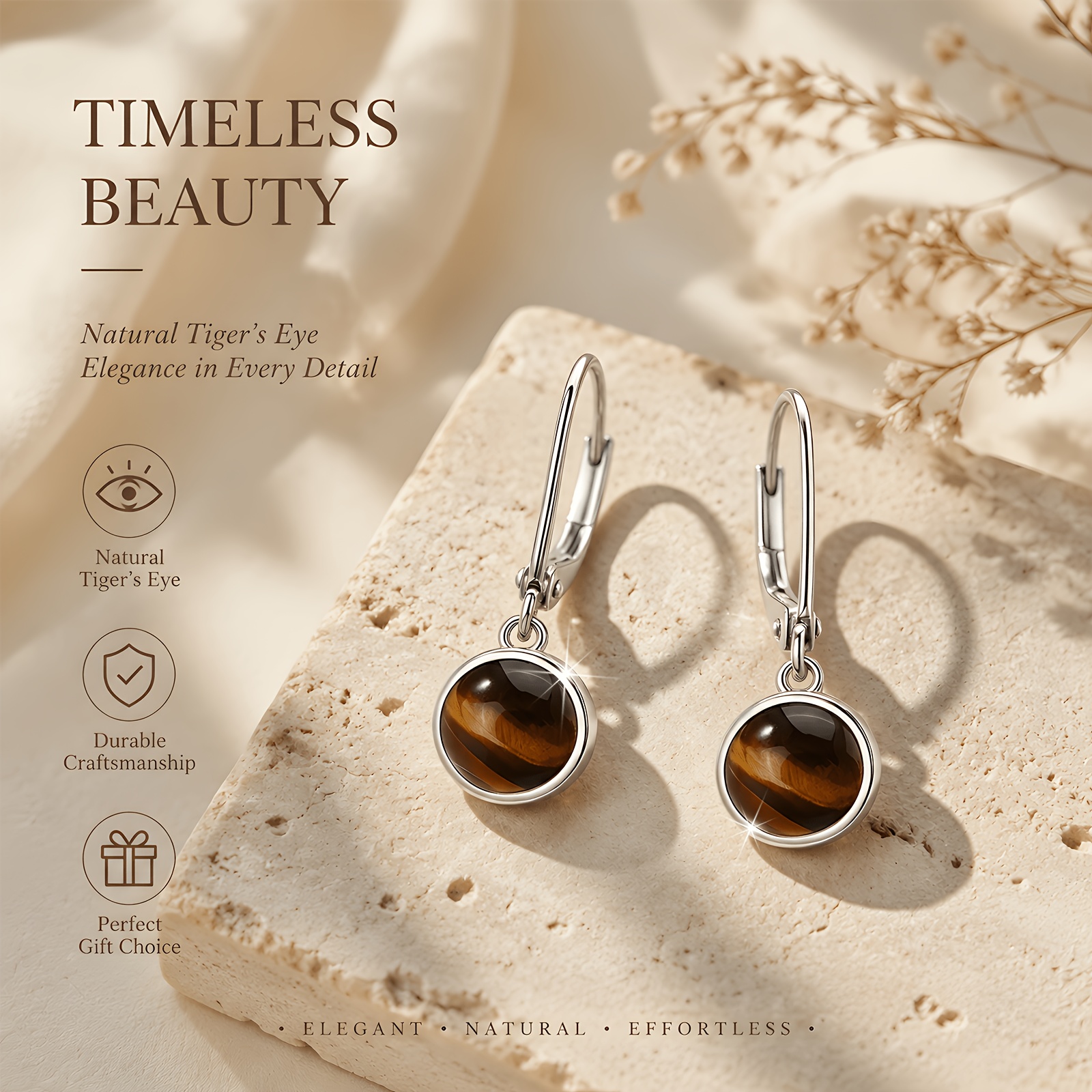 Women's Natural Tiger's Eye Teardrop Earrings, Bohemian Style